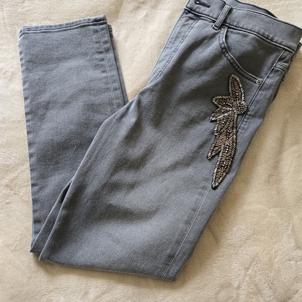 Express Women's Gray Skinny Jeans with Beaded Feather Applique